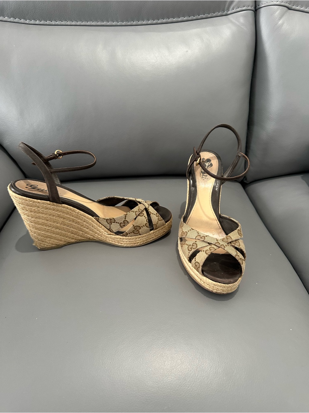 Gucci Beige Monogram Espadrille Wedge Sandals With Brown Trim